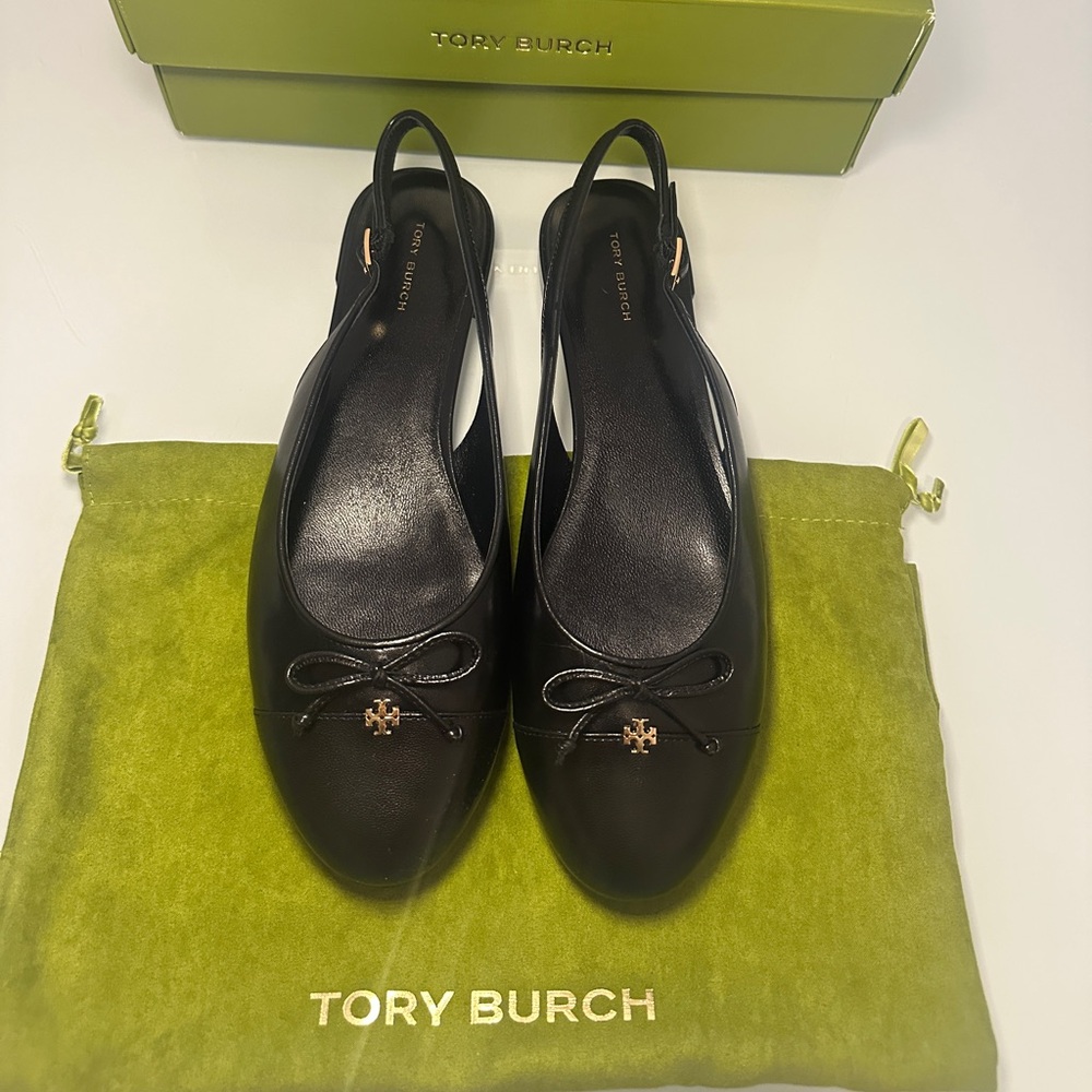 Tory Burch Black Leather Slingback Flats with Gold Logo